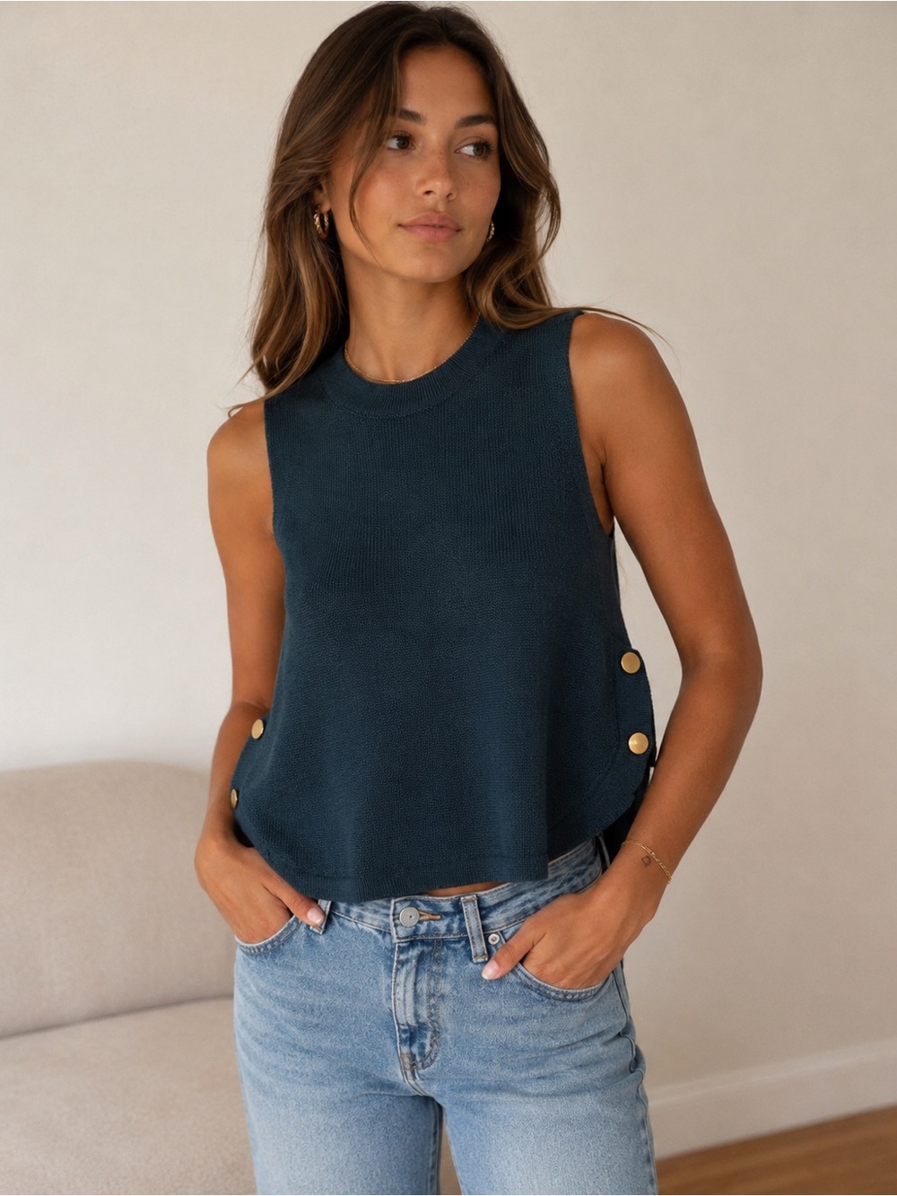 Baby Pink Wool Blend Sleeveless Knit Top Gold Buttons Small